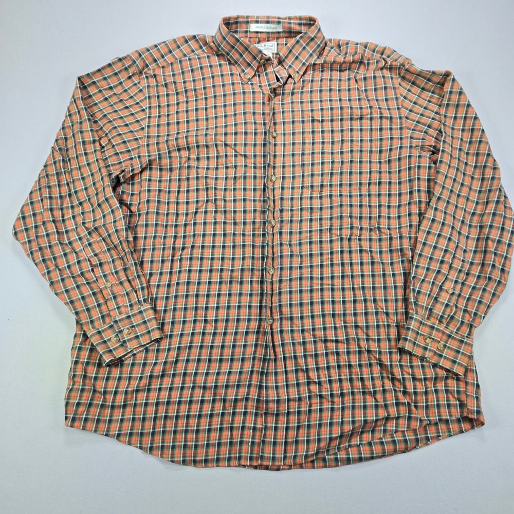 LL Bean Button Down Shirt Plaid Cashmere Blend Orange Green Mens Large